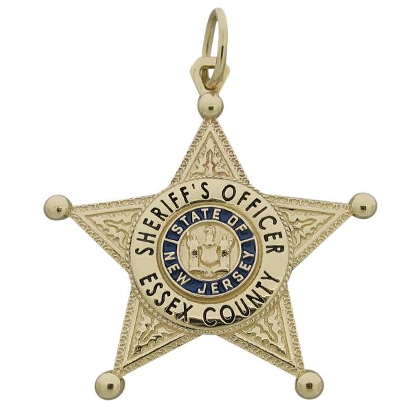 Custom Essex NJ Sheriff's Officer badge pendant in 14k yellow gold with blue and black enamel.