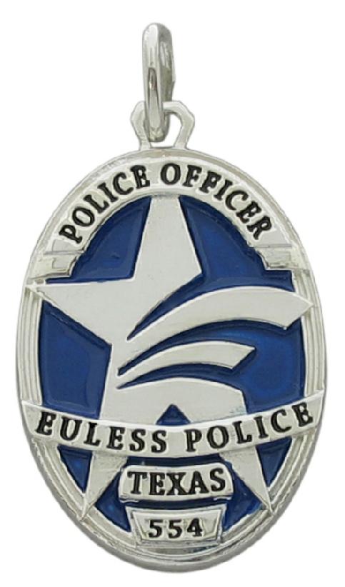 Custom Euless, Texas Police Officer memorial badge pendant in sterling silver with black enamel text and blue enamel background.