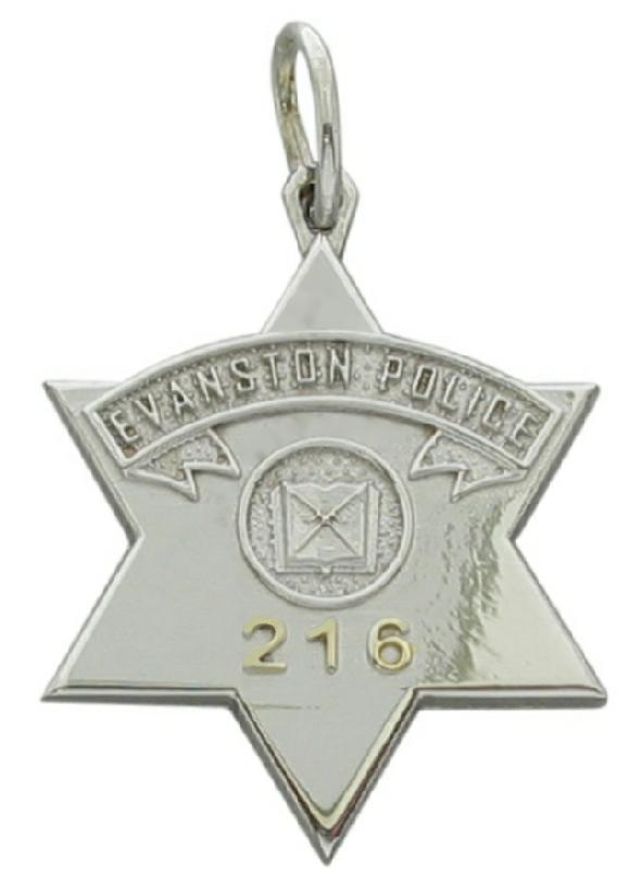 Custom Evanston, Illinois Police Officer badge pendant in rhodium plated bronze two tone.