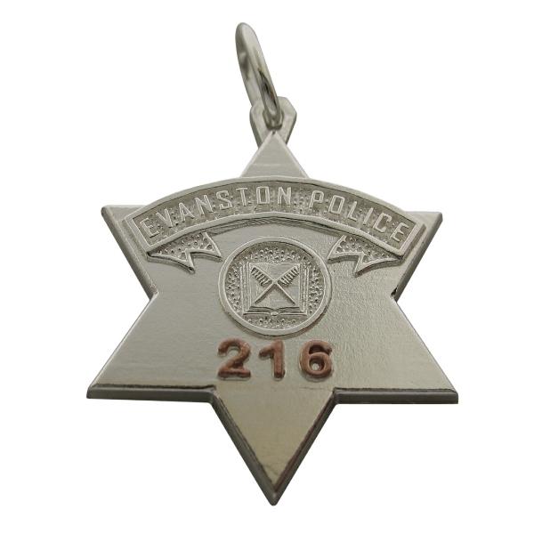 Custom Evanston IL Police Officer badge pendant in sterling silver with gold plate raised badge number.