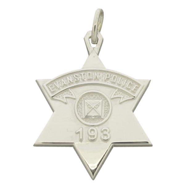 Custom Evanston IL Police Officer badge pendant in sterling silver with raised detail.