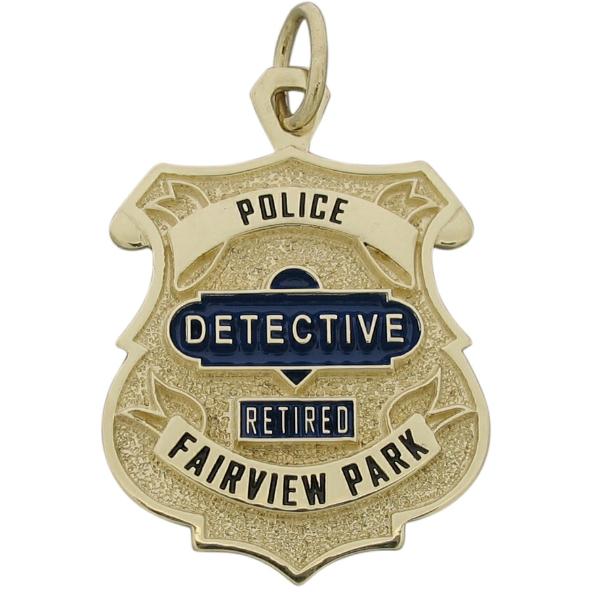 Custom Fairview Park OH Police Detective badge pendant in 10k yellow gold with blue and black enamel.