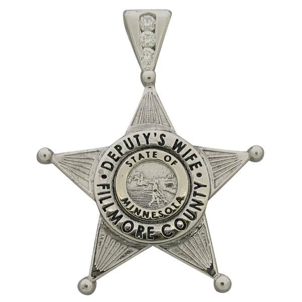 Custom Fillmore (MN) Sheriff Deputy badge pendant in 10k white gold with black enamel and optional 3-diamond bail.