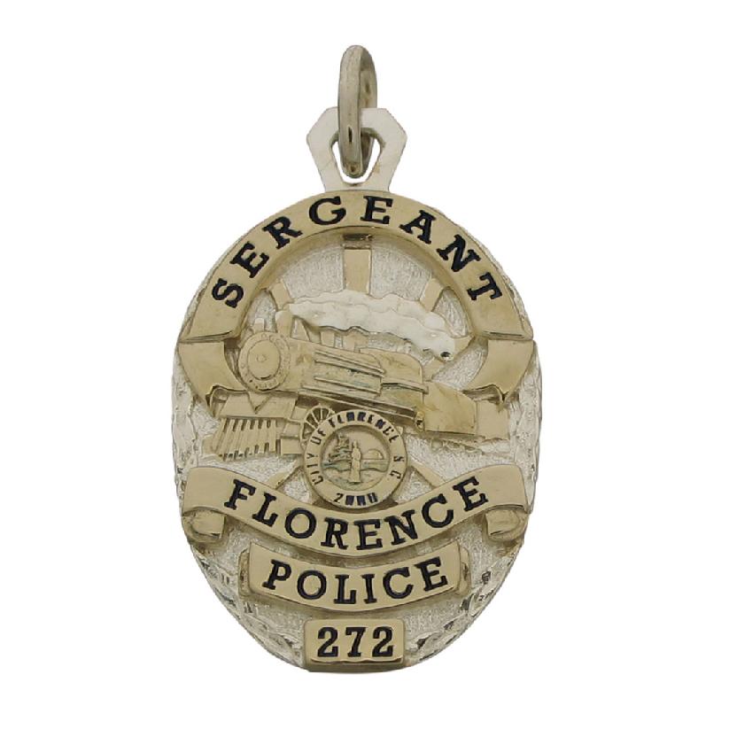 Custom Florence SC Police Sergeant memorial badge pendant in sterling silver with gold plated ribbons and detail and black enamel.