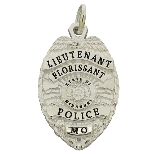 Custom Florissant MO Police Lieutenant badge pendant in sterling silver with black enamel.