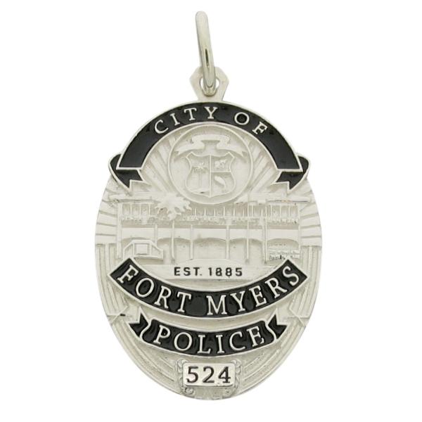 Custom Fort Myers FL Police Officer memorial badge pendant in sterling silver with black enamel.