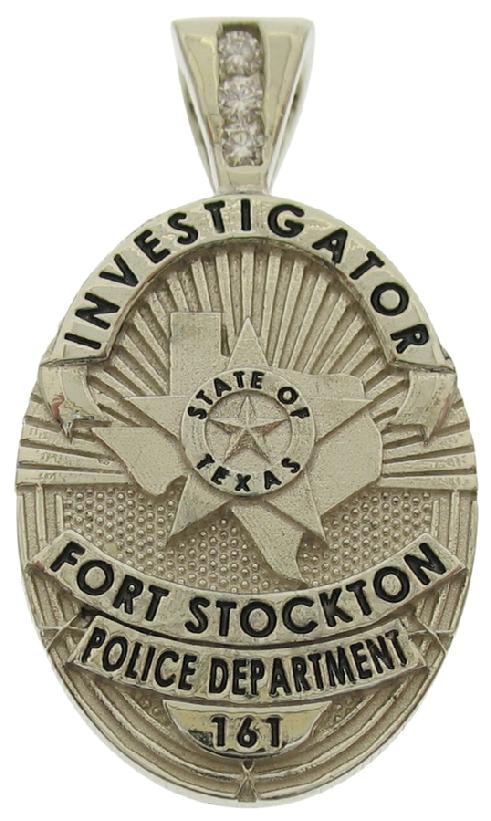Custom Fort Stockton TX Police Investigator badge pendant in 10k white gold with black enamel text and optional 3-diamond pendant bail.