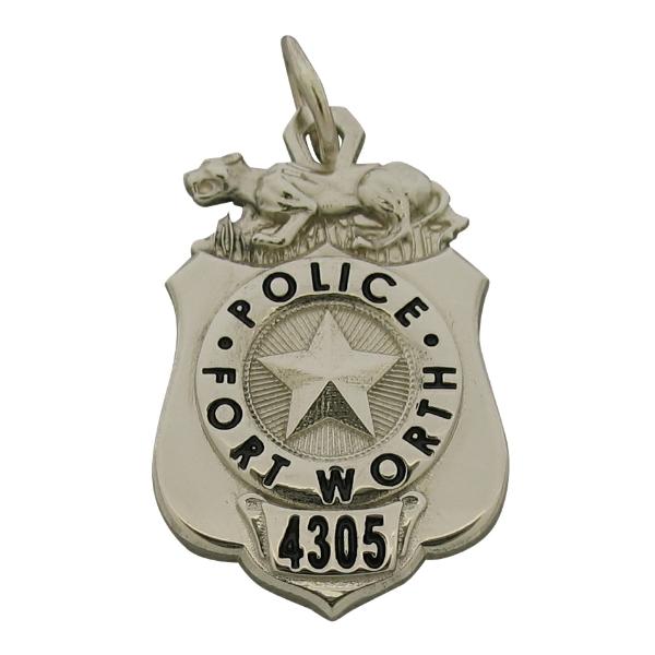 Custom Fort Worth Police Officer badge pendant in 10k white gold with black enamel.