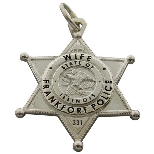 Custom Frankfort IL Police Officer badge pendant in sterling silver with black enamel.