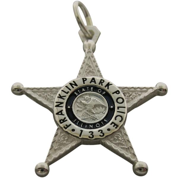 Custom Franklin Park IL Police Officer badge pendant in sterling silver with optional standing letter seal bezel with black enamel background.