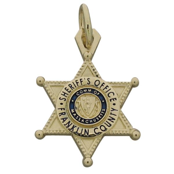 Custom Franklin MA Sheriff's Office badge pendant in 14k yellow gold with enamel.