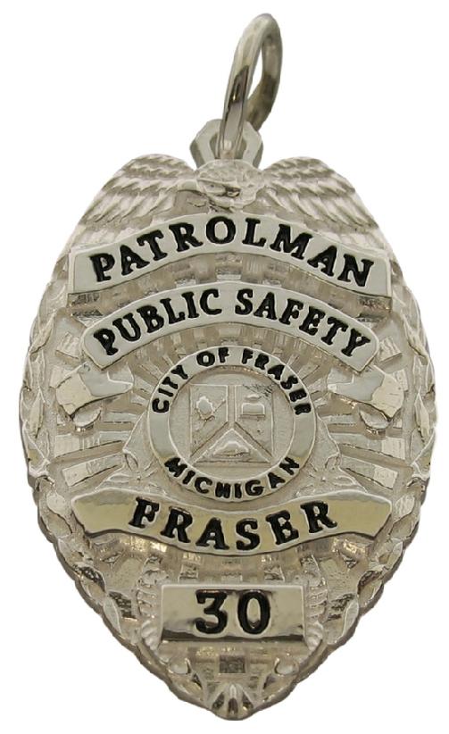 Custom Fraser MI Police Patrolman badge pendant in sterling silver with black enamel.