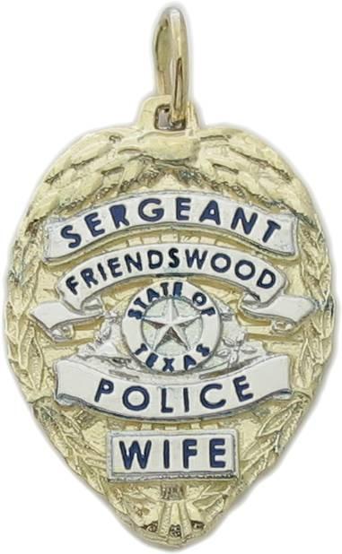 Friendswood, Texas TX Police Sergeant custom badge charm pendant in 10k yellow gold with rhodium plated ribbons and center detail, wife title ribbon