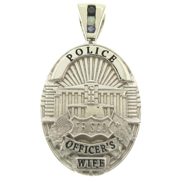 Custom Frisco TX Police Officer badge pendant in 10k white gold with 3-stone pendant bail and black enamel.