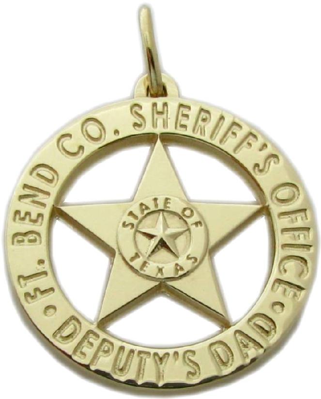 Fort Bend County, Texas TX Sheriff's Deputy custom badge pendant with Deputy's Dad title ribbon, 14k yellow gold