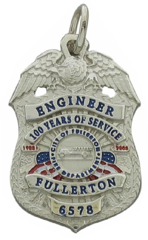 Custom Fullerton, California Fire Department Engineer badge pendant in 10k white gold with red, white, & blue enamel.