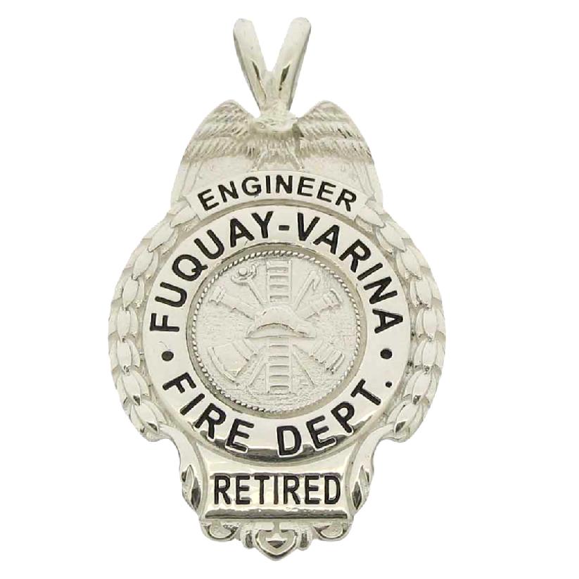 Custom Fuquay-Varina NC Fire Engineer badge pendant in sterling silver with black enamel.