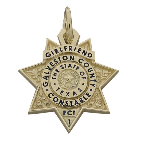 Custom Galveston County TX Constable Precinct 1 badge in 10k yellow gold with black enamel.