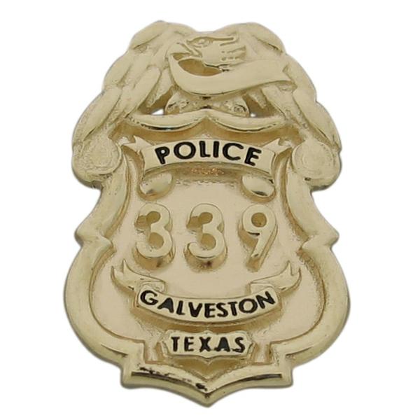 Custom Galveston TX Police Officer badge emblem for a pistol grip in 10k yellow gold with black enamel.
