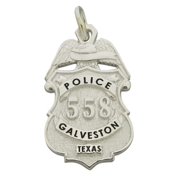 Custom Galveston TX Police Officer badge pendant in sterling silver with black enamel.