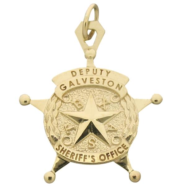 Custom Galveston TX Sheriff's Deputy badge pendant in 10k yellow gold with engraved ribbon text.