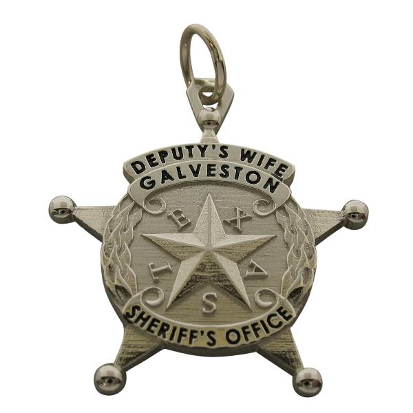 Custom Galveston TX Sheriff's Deputy badge pendant in 10k white gold with black enamel.