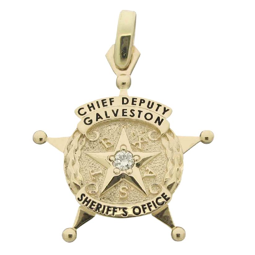 Custom Galveston TX Sheriff's Chief Deputy badge pendant in 14k yellow gold with black enamel and 0.16 ct. round brilliant diamond and optional heavy pendant bail.
