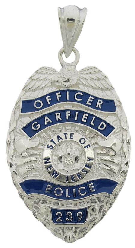 Custom Garfield NJ Police Officer badge pendant with optional standing letter text, blue enamel background, and #1583 pendant bail.