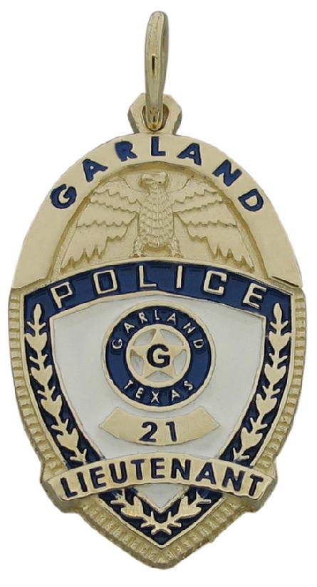Custom Garland (TX) Police Lieutenant badge pendant in 14k yellow gold with blue and white enamel background and text.