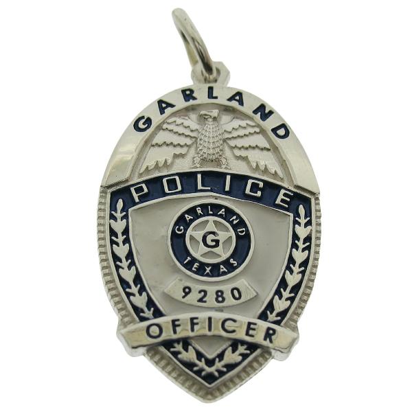 Custom Garland TX Police Officer badge pendant in sterling silver with blue and white enamel.