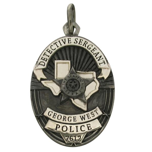 Custom George West TX Police Detective badge pendant in sterling silver with an oxidized finish.
