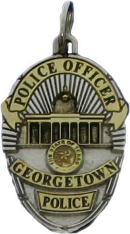 Georgetown, Texas TX Police Officer custom badge charm pendant in sterling silver with gold plated ribbons and center and antiqued detail