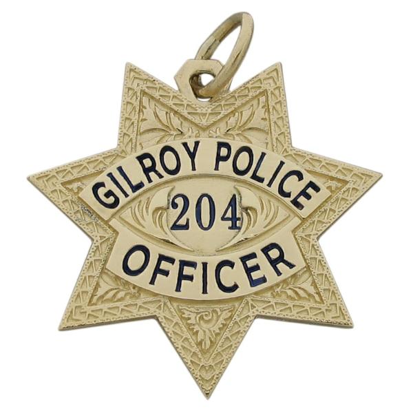 Custom Gilroy CA Police Officer badge pendant in 14k yellow gold with enamel lettering.