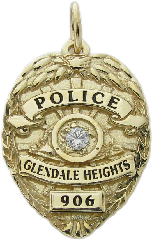 Custom Glendale Heights Police Officer badge pendant in 10k yellow gold with optional bead set round brilliant diamond center stone.