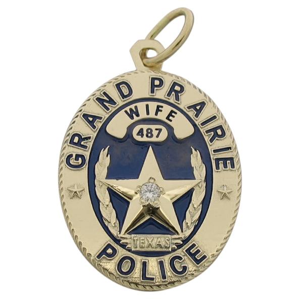 Custom Grand Prairie TX Police Officer badge pendant in 14k yellow gold with optional 0.04ct. diamond and blue enamel.