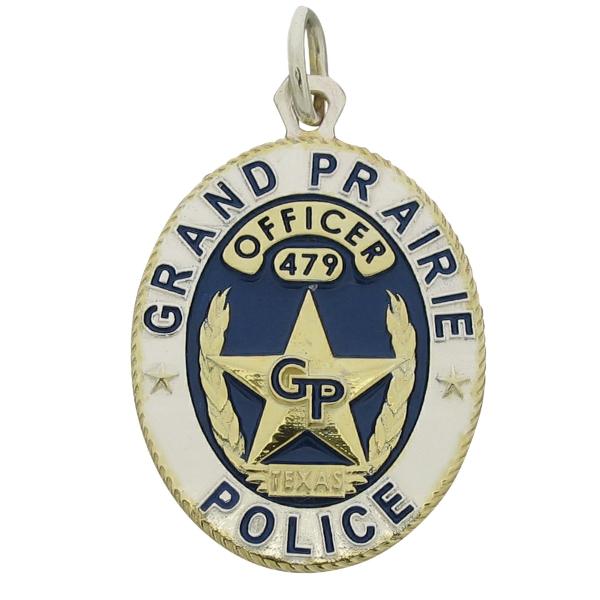 Custom Grand Prairie TX Police Officer badge pendant in two tone sterling silver with blue enamel.