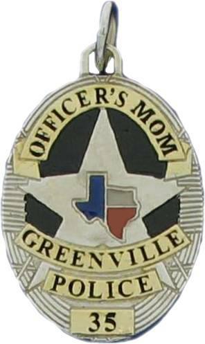 Greenville, Texas TX Police Officer custom badge pendant in 14k white gold with yellow gold plated ribbons and color filled highlights