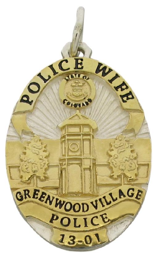 Custom Greenwood Village CO Police Officer badge pendant in two tone sterling silver with gold plate and black enamel.
