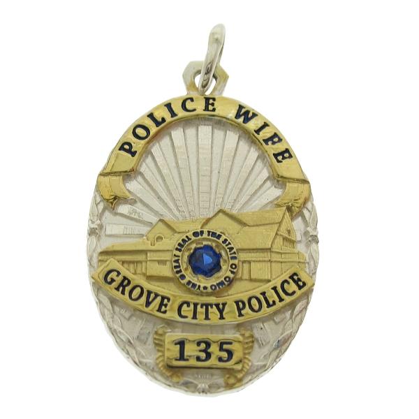 Custom Grove City OH Police Officer badge pendant in two tone sterling silver with black enamel and a blue sapphire center stone.