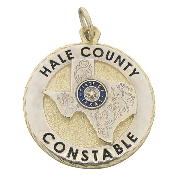 Custom Hale TX Constable badge pendant in 10k gold with a two tone finish and black and blue enamel.