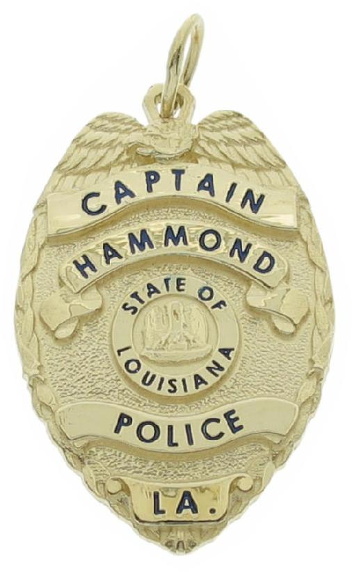 Custom Hammond, Louisiana Police Captain badge pendant in 14k yellow gold with black enamel.