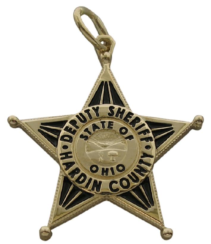 Custom Hardin County OH Sheriff Deputy badge pendant in 10k yellow gold with black enamel.
