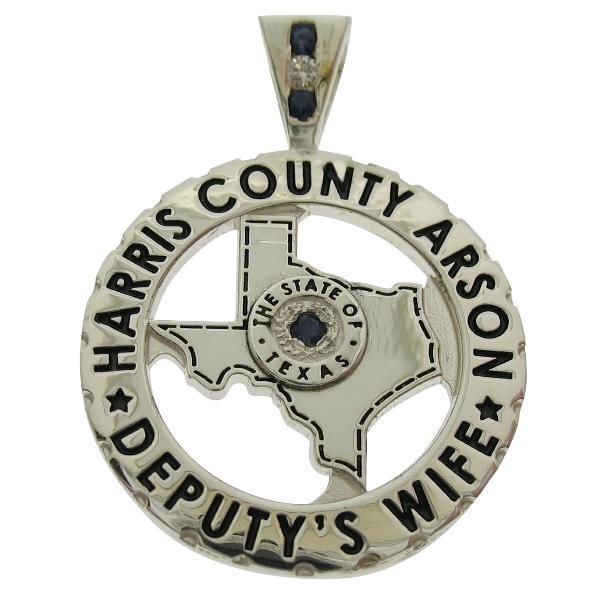 Custom Harris County TX Arson Deputy's Wife pendant in sterling silver with optional diamond and blue sapphires and black enamel.