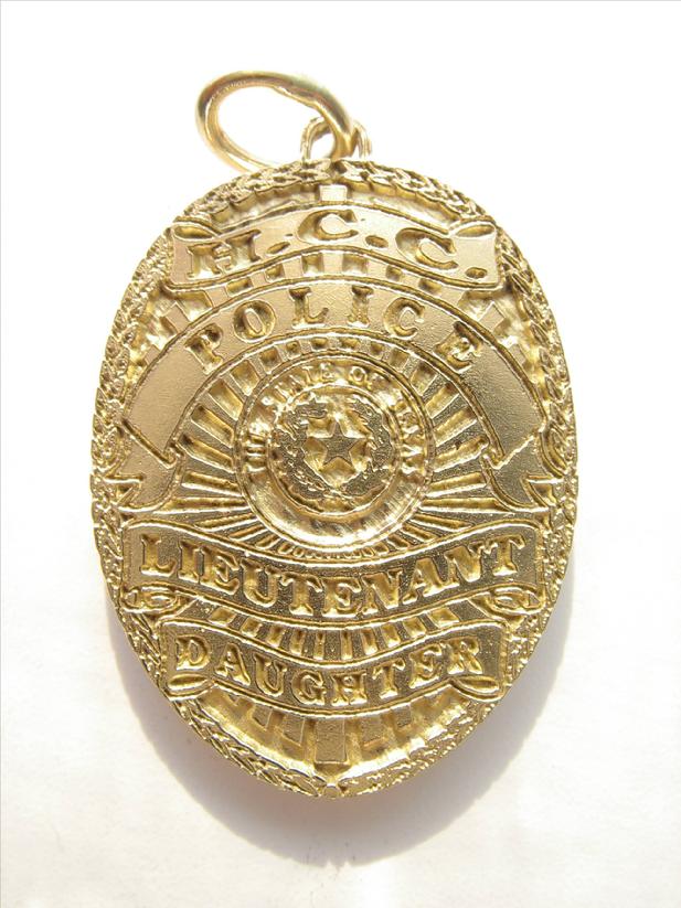HCCC Harris County, Texas TX Community College Police Lieutenant custom badge charm pendant in 14k yellow gold, Daughter badge pendant