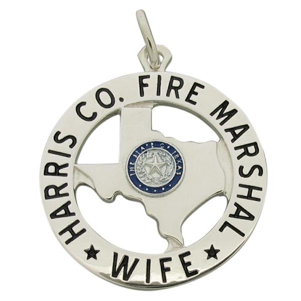 Custom Harris County TX Fire Marshal Deputy badge pendant in sterling silver with blue and black enamel.