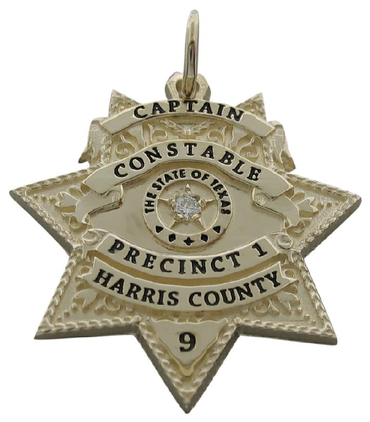 Custom Harris County, TX Precinct 1 Constable Captain badge pendant in 10k yellow gold with black enamel text and optional 0.03 ct. round brilliant diamond center stone.