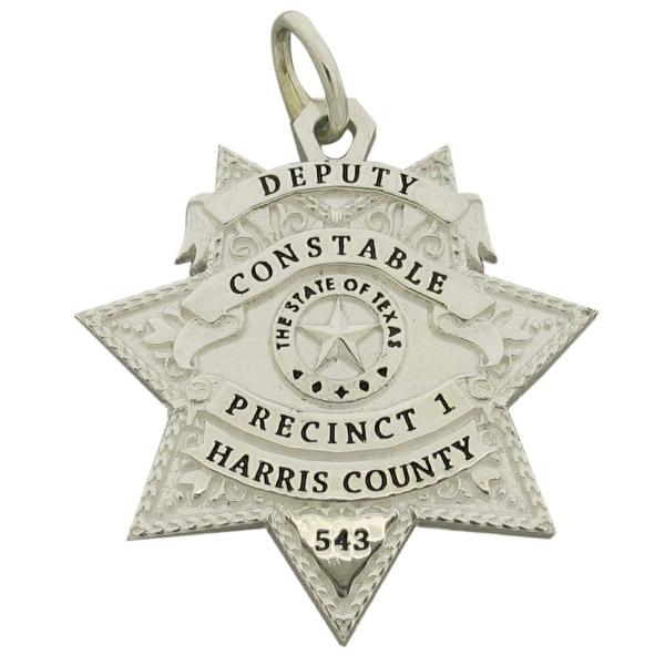 Custom Harris County TX Precinct 1 Constable badge pendant in sterling silver with black enamel.