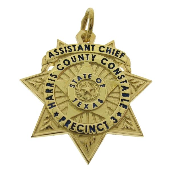 Custom Harris County TX Constable Precinct 3 Assistant Chief memorial badge pendant in sterling silver with gold plate and black enamel.