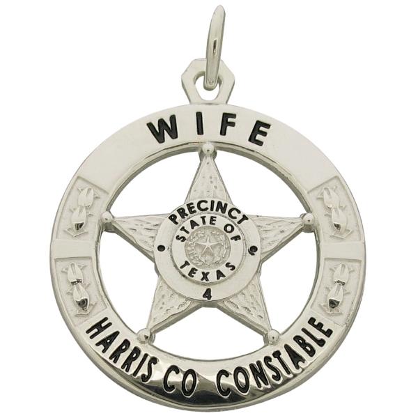 Custom Harris County TX Precinct 4 Constable's Wife badge pendant in sterling silver with black enamel.
