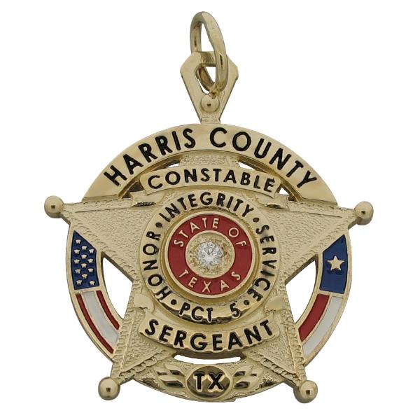 Custom Harris County TX Precinct 5 Constable Sergeant badge pendant in 14k gold with optional .04 ct. round brilliant diamond and red, white, blue, and black enamel.